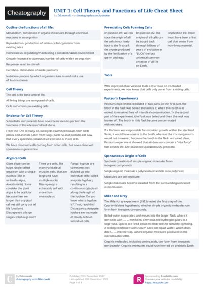 UNIT 1:  Cell Theory and Functions of Life Cheat Sheet