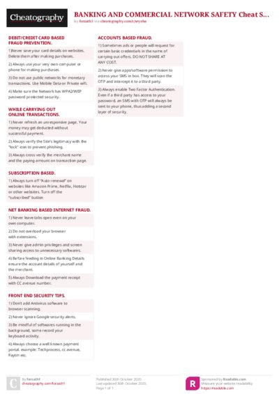 BANKING AND COMMERCIAL NETWORK SAFETY Cheat Sheet