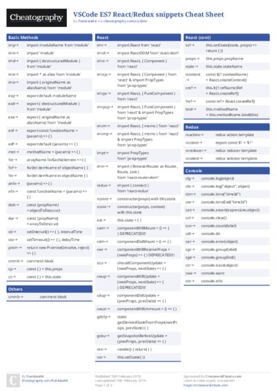 VSCode ES7 React/Redux snippets Cheat Sheet