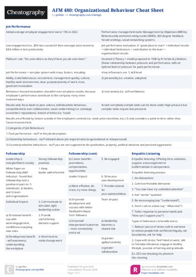 AFM 480: Organizational Behaviour Cheat Sheet