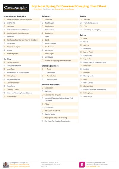 Boy Scout Spring/Fall Weekend Camping Cheat Sheet