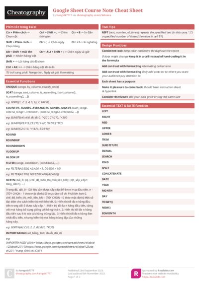 Google Sheet Course Note Cheat Sheet