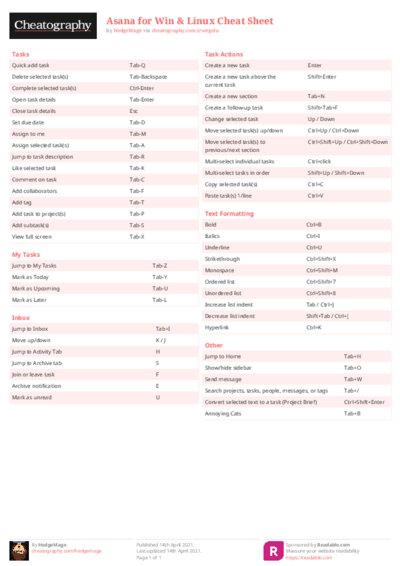 Asana for Win & Linux Cheat Sheet