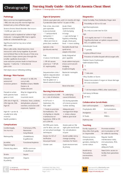 Nursing Study Guide - Sickle Cell Anemia Cheat Sheet