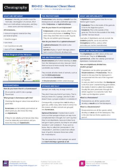 BIO-012 - Metazoa! Cheat Sheet