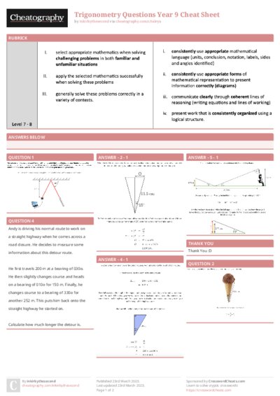 Trigonometry Questions Year 9 Cheat Sheet