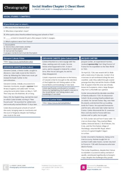 Social Studies Chapter 2 Cheat Sheet