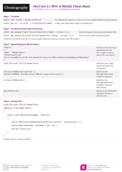 .Net Core 3.1 MVC w/MySQL Cheat Sheet