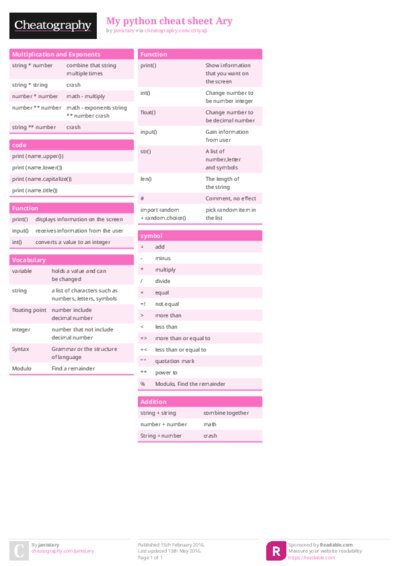 My python cheat sheet Ary