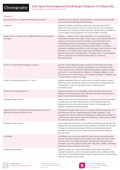 Life Span Development Pyschology Chapters 6-9 Cheat Sheet