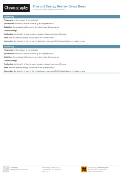 Thermal Energy Review Cheat Sheet