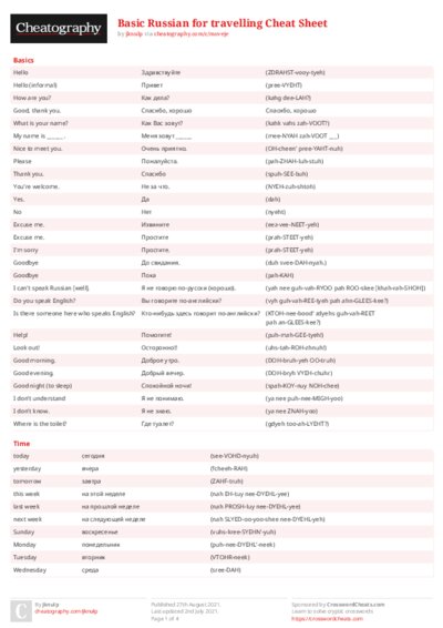 Basic Russian for travelling Cheat Sheet