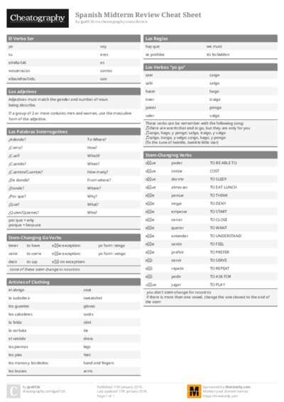 Spanish Midterm Review Cheat Sheet