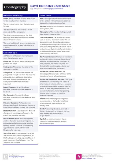 Novel Unit Notes Cheat Sheet