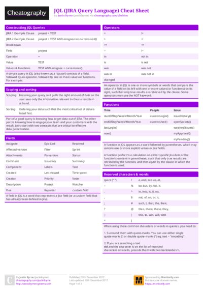 JQL (JIRA Query Language) Cheat Sheet