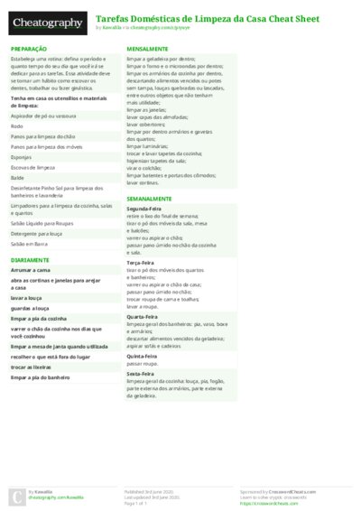 Tarefas Domésticas de Limpeza da Casa Cheat Sheet