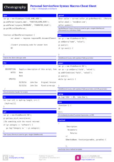Personal ServiceNow Syntax Macros Cheat Sheet