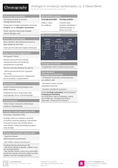 Etologia 9: ewolucja zachowania, cz. 2 Cheat Sheet
