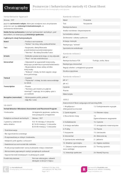 Poznawcze i behawioralne metody #2 Cheat Sheet
