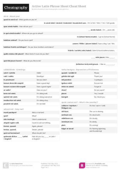 Active Latin Phrase Sheet Cheat Sheet