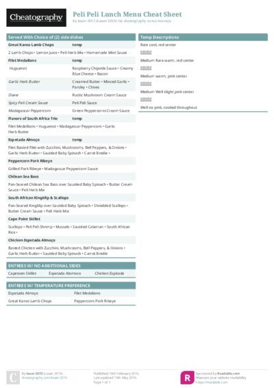 Peli Peli Lunch Menu Cheat Sheet