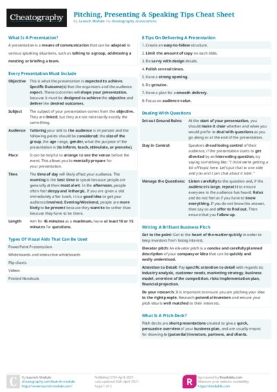 Pitching, Presenting & Speaking Tips Cheat Sheet