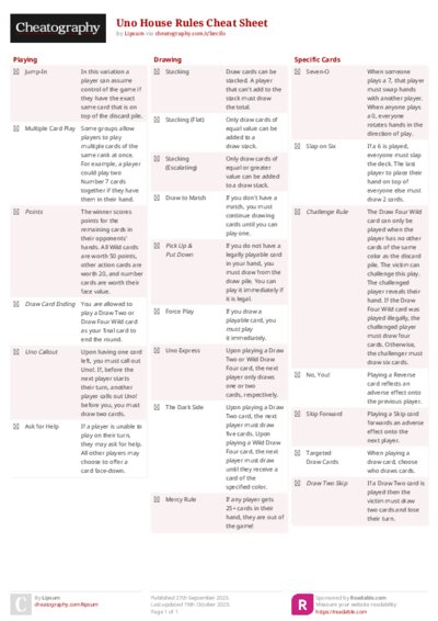 Uno House Rules Cheat Sheet