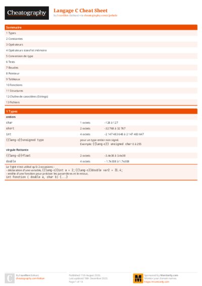 Langage C Cheat Sheet