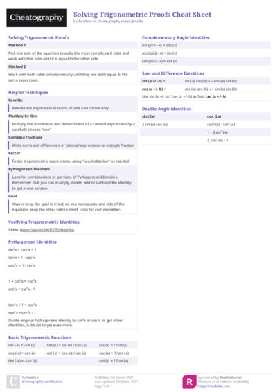 Solving Trigonometric Proofs Cheat Sheet
