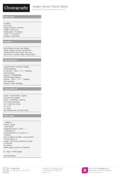 magic cheat Cheat Sheet