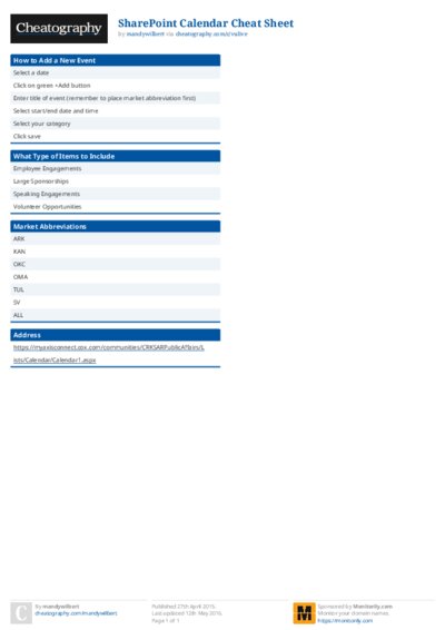 SharePoint Calendar Cheat Sheet