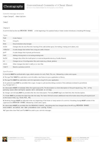 Conventional Commits v1 Cheat Sheet