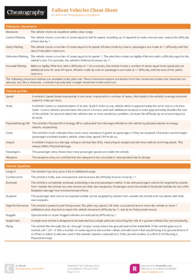 Fallout Vehicles Cheat Sheet