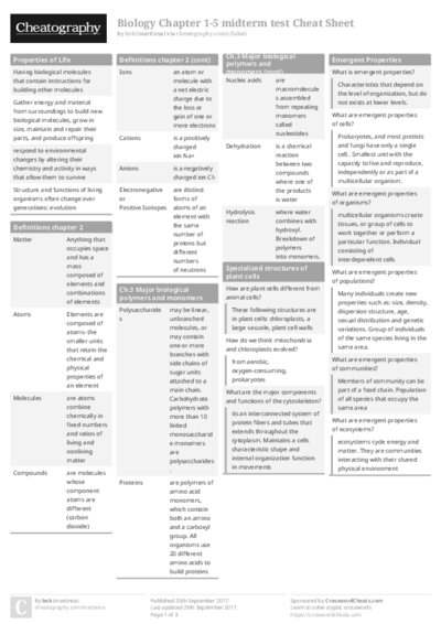 Biology Chapter 1-5 midterm test Cheat Sheet