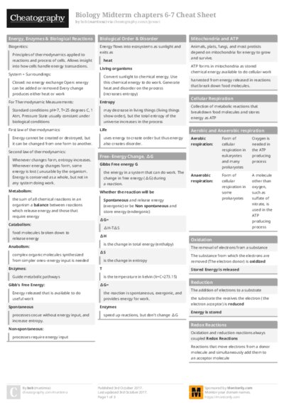 Biology Midterm chapters 6-7 Cheat Sheet