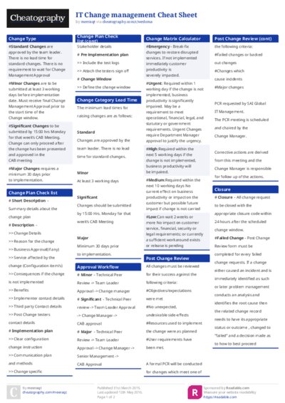 IT Change management Cheat Sheet