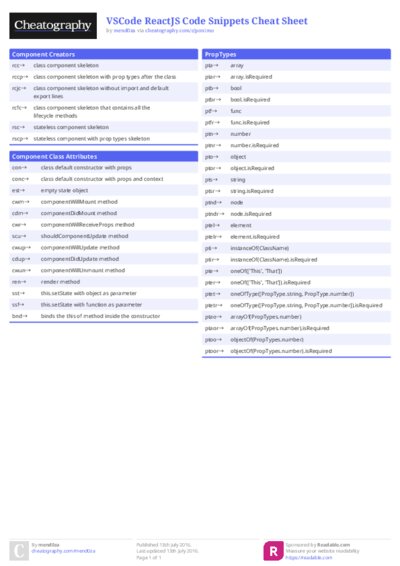 VSCode ReactJS Code Snippets Cheat Sheet