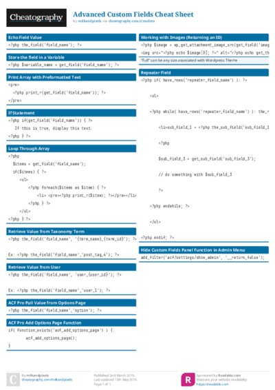 Advanced Custom Fields Cheat Sheet