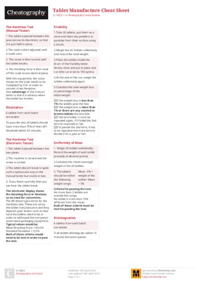 Tablet Manufacture Cheat Sheet