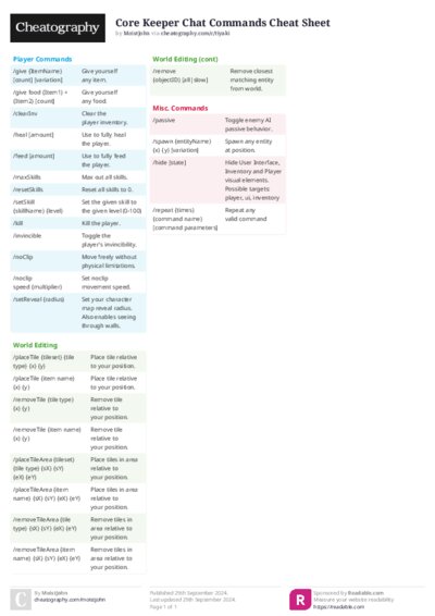Core Keeper Chat Commands Cheat Sheet