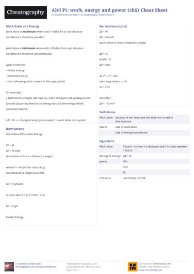Alvl P1: work, energy and power (ch6) Cheat Sheet