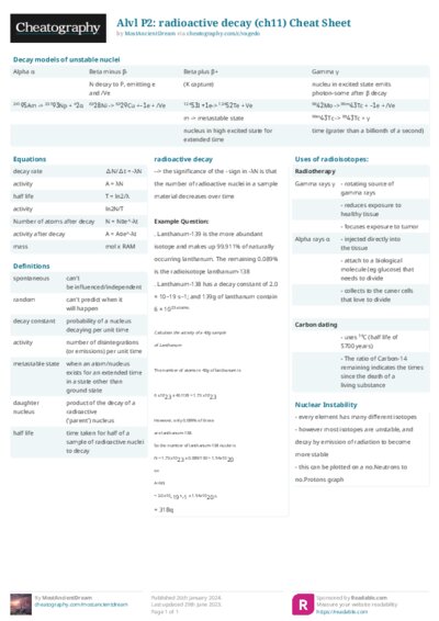 Alvl P2: radioactive decay (ch11) Cheat Sheet