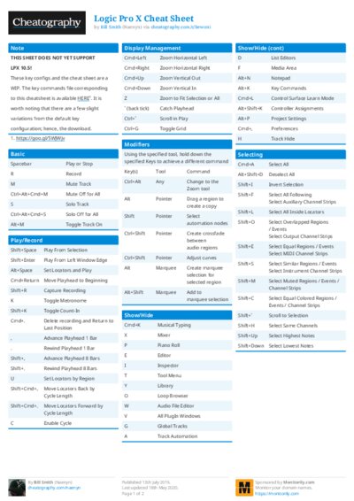 Logic Pro X Cheat Sheet