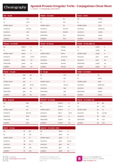 Spanish Present Irregular Verbs - Conjugations Cheat Sheet