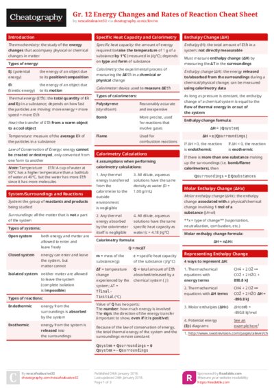 Gr. 12 Energy Changes and Rates of Reaction Cheat Sheet