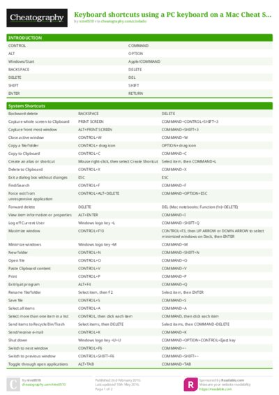 Keyboard shortcuts using a PC keyboard on a Mac Cheat Sheet