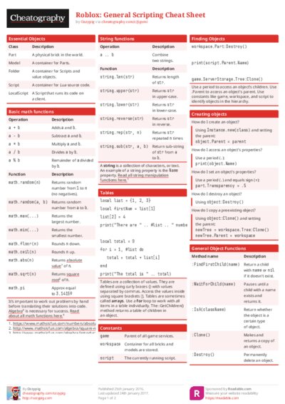 Roblox: General Scripting Cheat Sheet