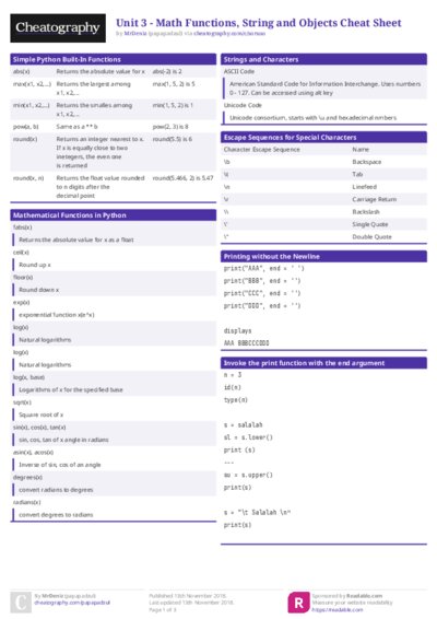 Unit 3 - Math Functions, String and Objects Cheat Sheet