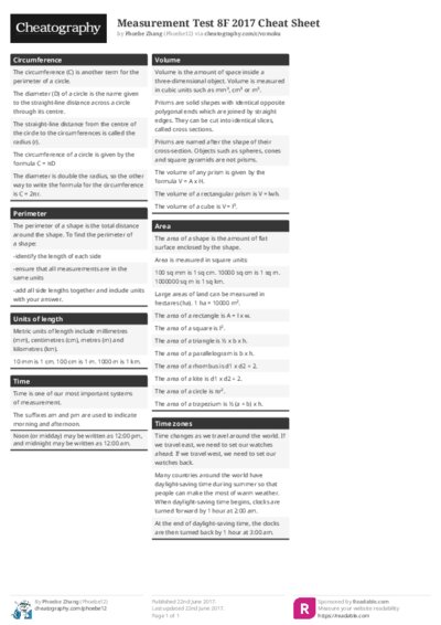 Measurement Test 8F 2017 Cheat Sheet