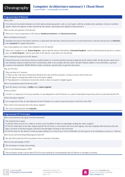 Computer Architecture summary 1 Cheat Sheet